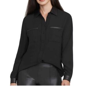 Anne Klein Black Button Down Long Sleeve Faux Leather Details. Large
